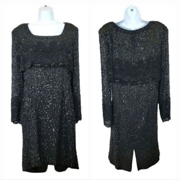 Vintage Lawrence Kazar 100% Silk Beaded and Sequin Evening Gown in Black Size XL - Picture 10 of 10